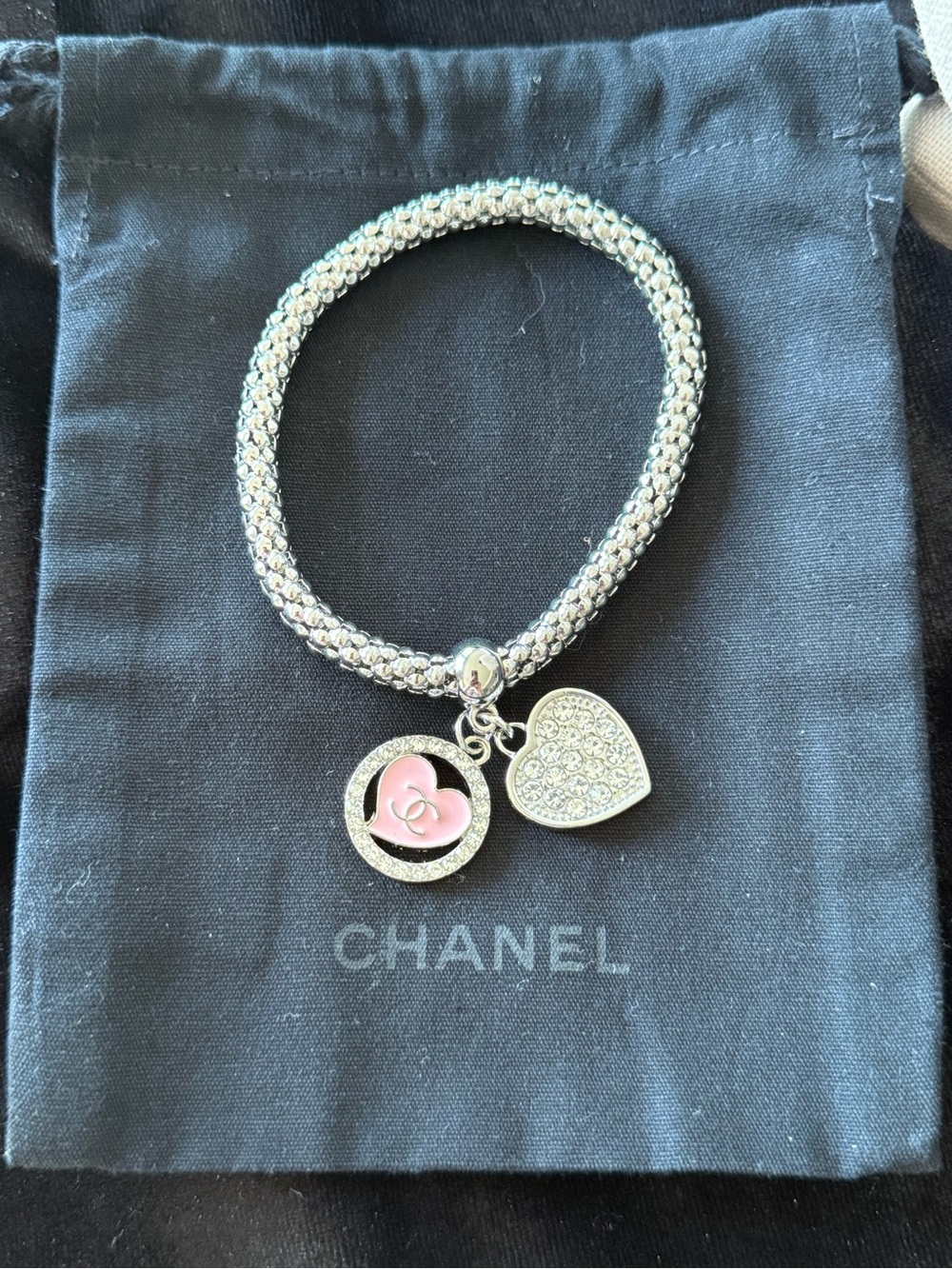 Silver-Tone Bracelet with Pink Enamel and Pavé Heart Charms